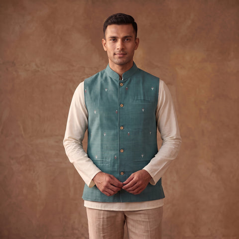 Handwoven Cotton Nehru Jacket for Men in Jamdani Buti of Srikakulam 15