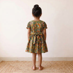 Green - pure cotton girls frock dress in kalamkari prints