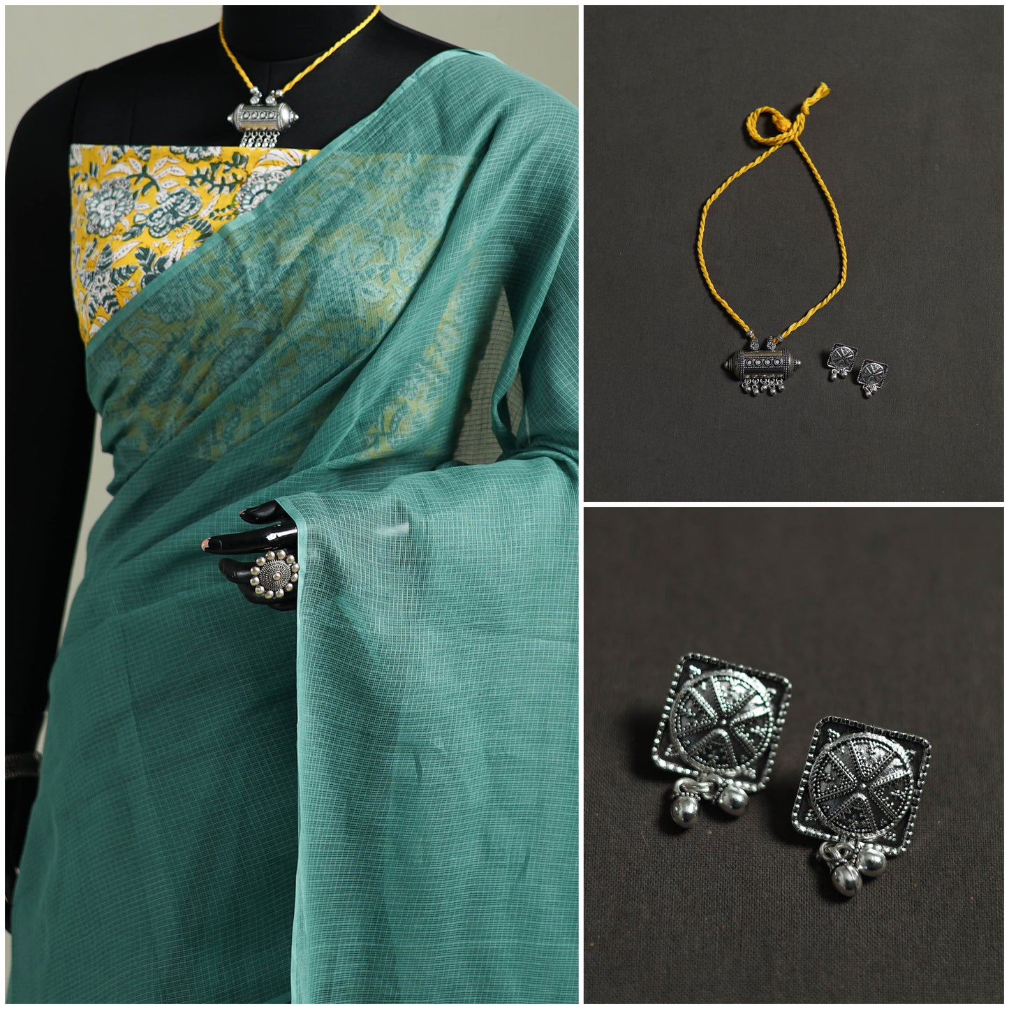 Green - Nazaakat Kota Doria Cotton Plain Saree with Blouse & Jewellery Set 56