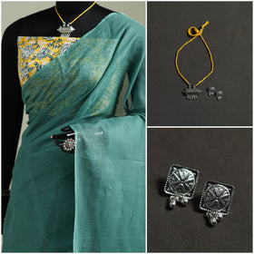 Green - Nazaakat Kota Doria Cotton Plain Saree with Blouse & Jewellery Set 56