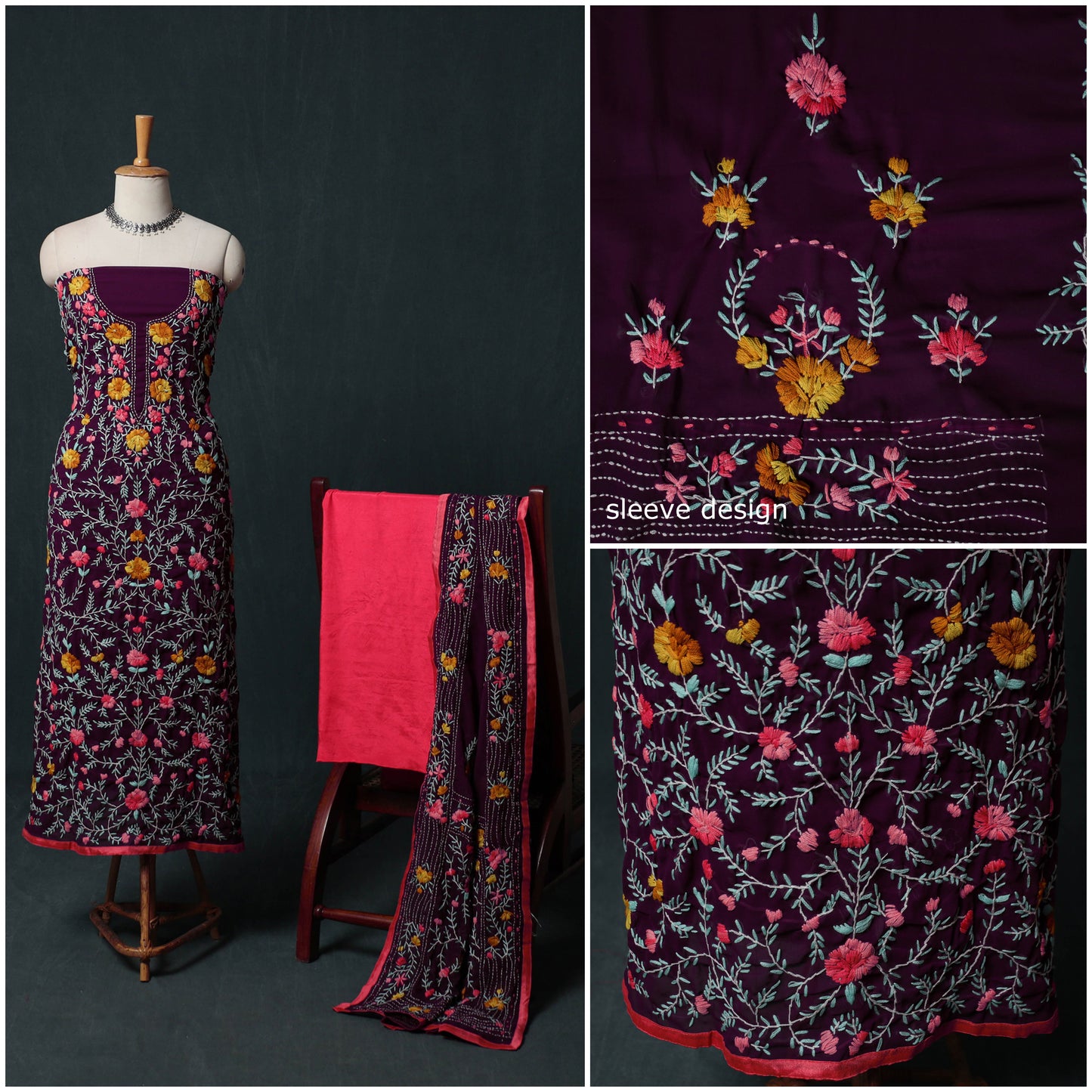 Hand Embroidered Georgette 3pc Unstitched Dress Material Suit Set 44