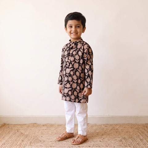 Black - Kids Pure Cotton  Kurta in Bagru Block Prints (3-4 Years) 87