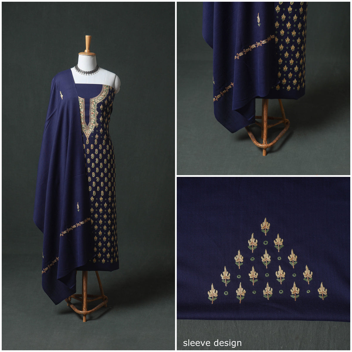 Kashmiri Aari Hand Embroidered Pure Merino Wool Unstitched Dress Material: Kurta, Bottom with Dupatta 28