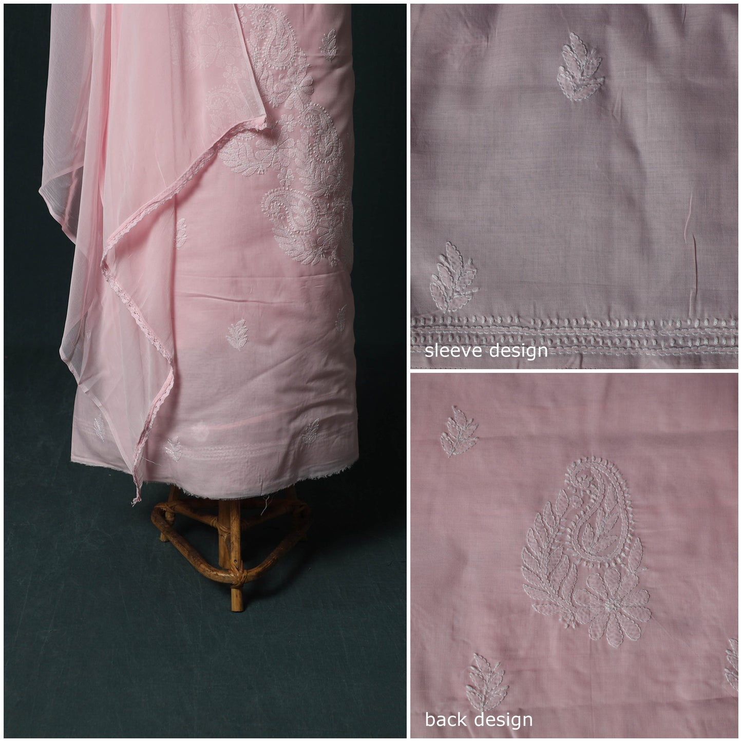 Pink - Lucknowi Chikankari Hand Embroidered Cotton 3pc Unstitched Dress Material Suit Set 29