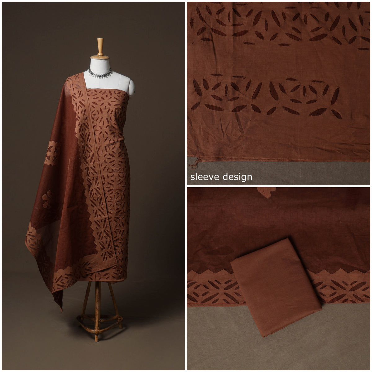 Applique Cutwork Cotton Unstitched Dress Material: Kurta, Bottom & Dupatta 29