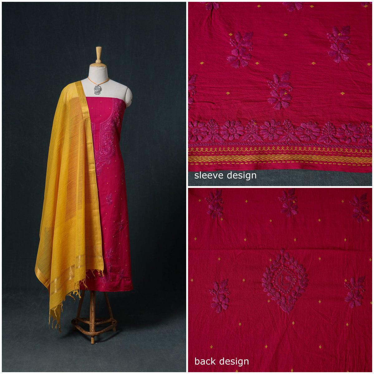 Lucknowi Chikankari Hand Work Unstitched Dress Material: Kurta & Dupatta with Jewellery 29
