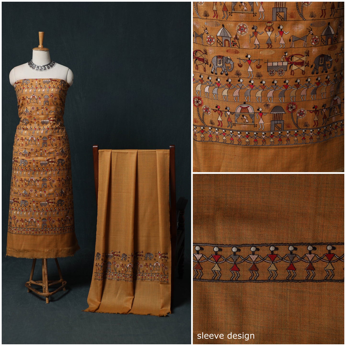 3pc Heavy Embroidered Wool Unstitched Dress Material Suit Set 73