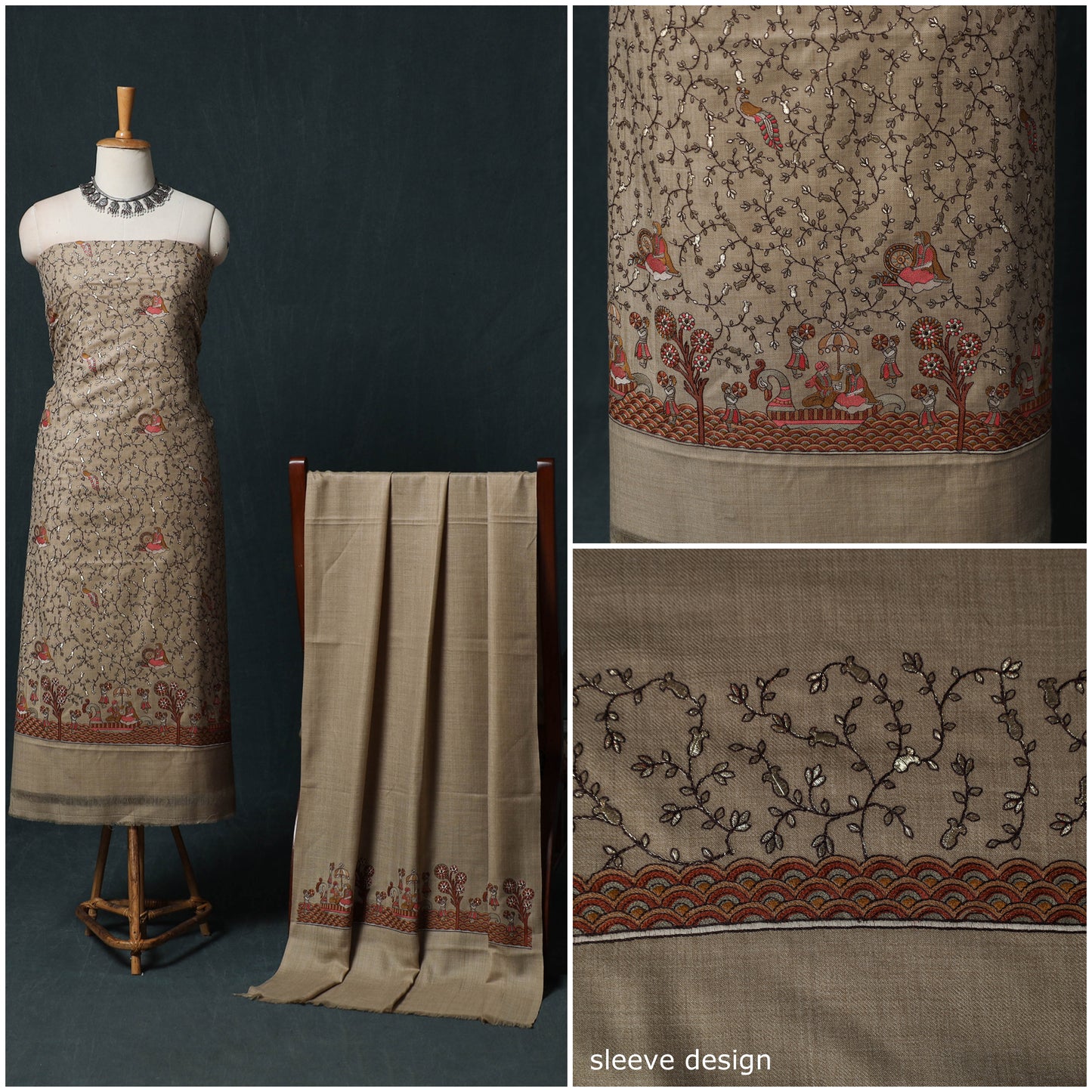 3pc Heavy Embroidered Wool Unstitched Dress Material Suit Set 29