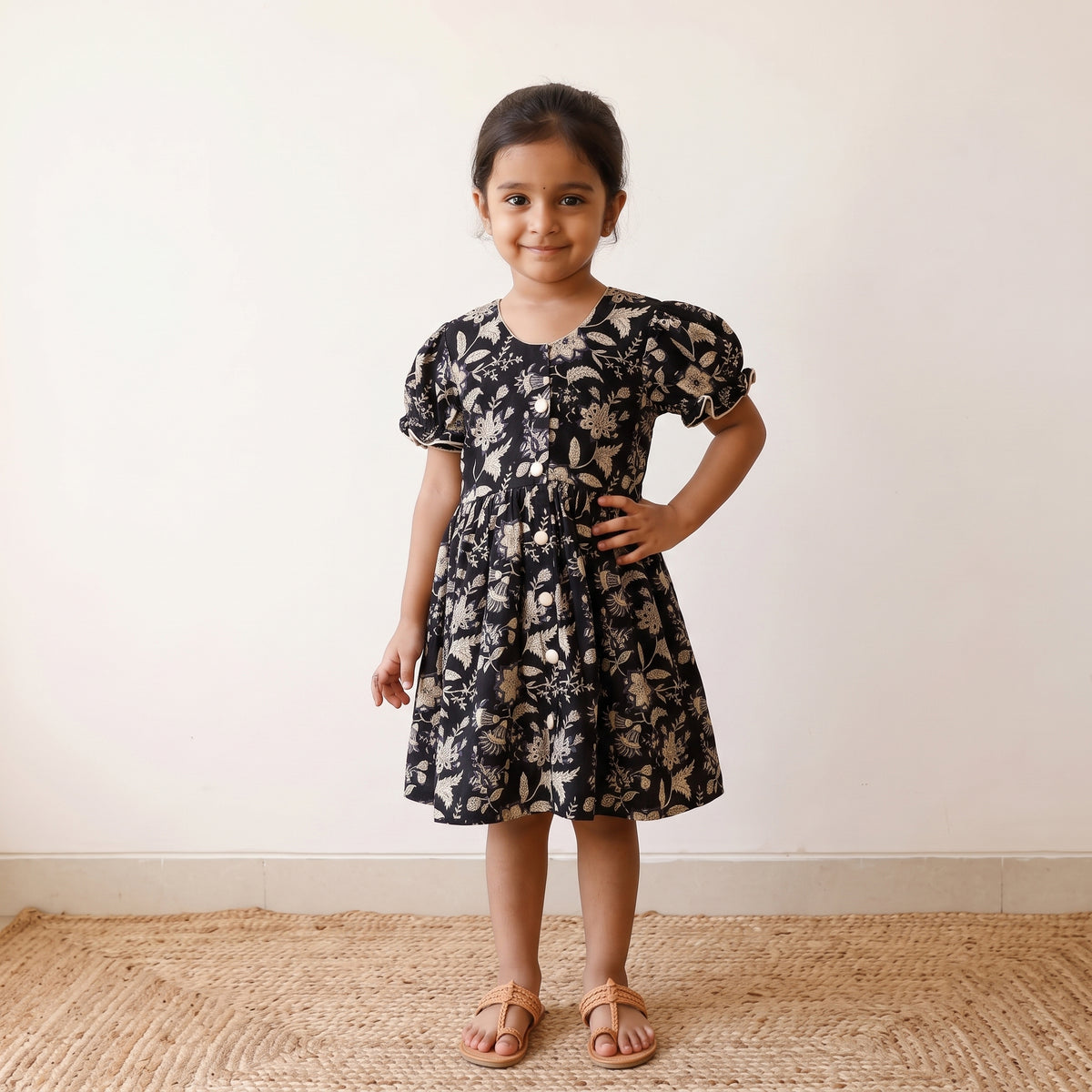 Black - pure cotton girls frock dress in sanganeri floral