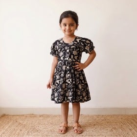 Black - pure cotton girls frock dress in sanganeri floral