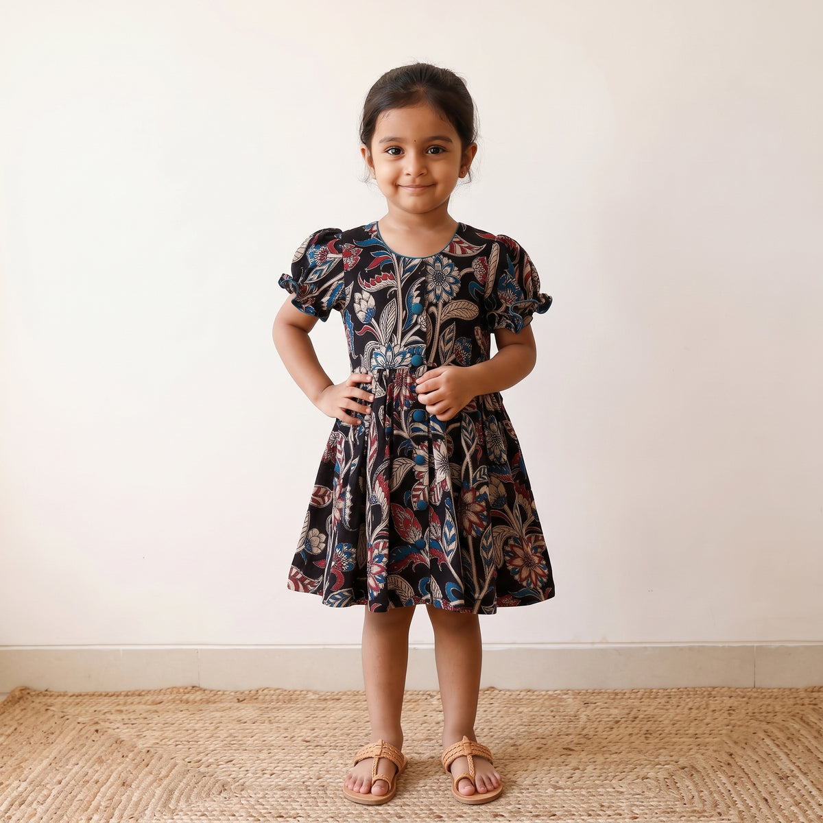Black - pure cotton girls frock dress in kalamkari prints