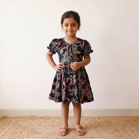 Black - pure cotton girls frock dress in kalamkari prints