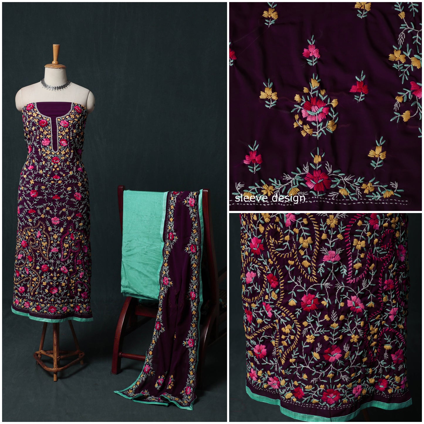 Hand Embroidered Georgette 3pc Unstitched Dress Material Suit Set 45