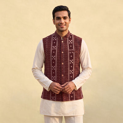 Sambalpuri Ikat Weave Cotton Men Nehru Jacket 05