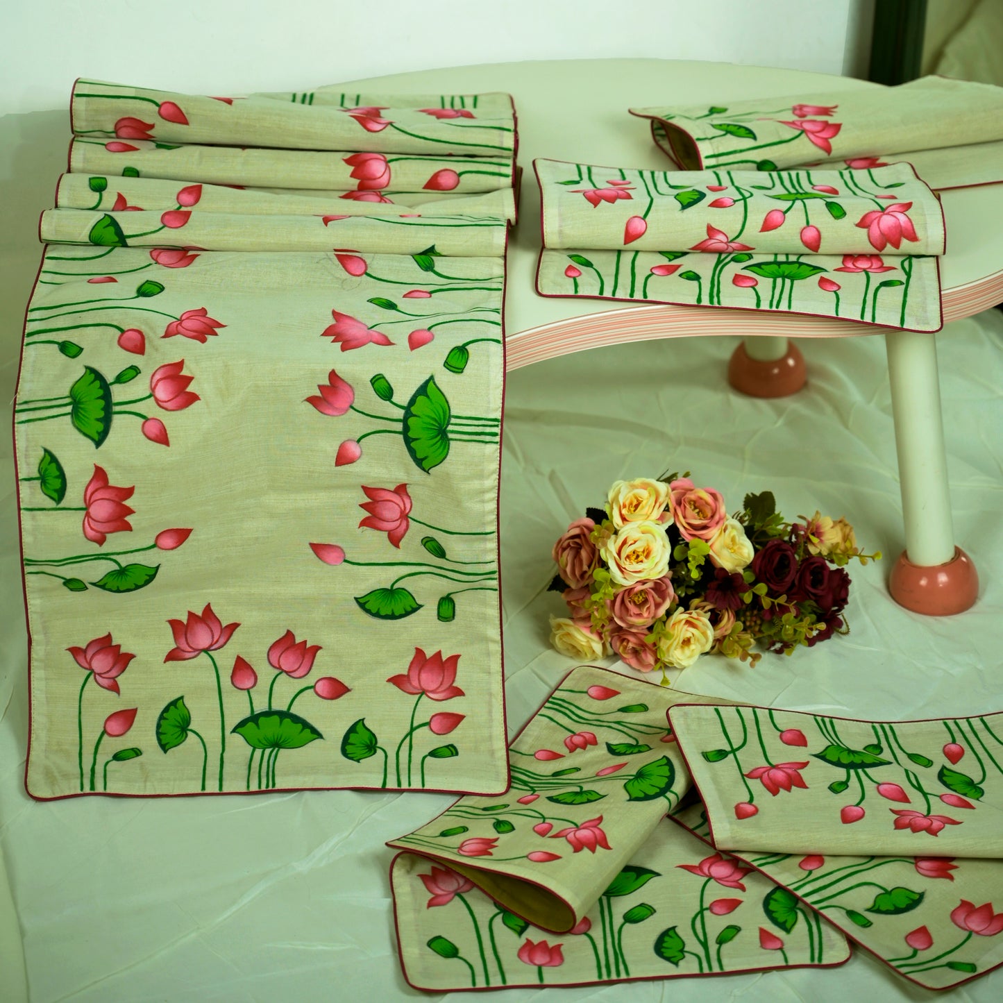 Madhubani Handpainted Chanderi Table Runner & Table Mats Set