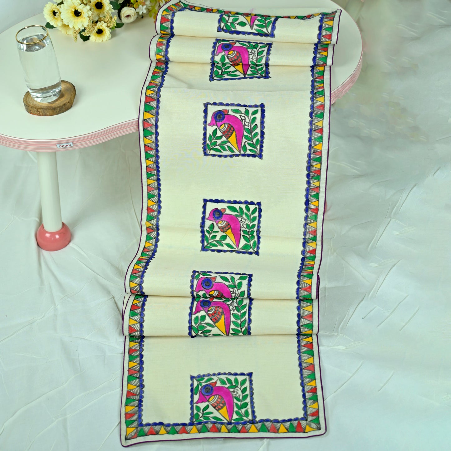 Madhubani Handpainted Chanderi Table Runner & Table Mats Set