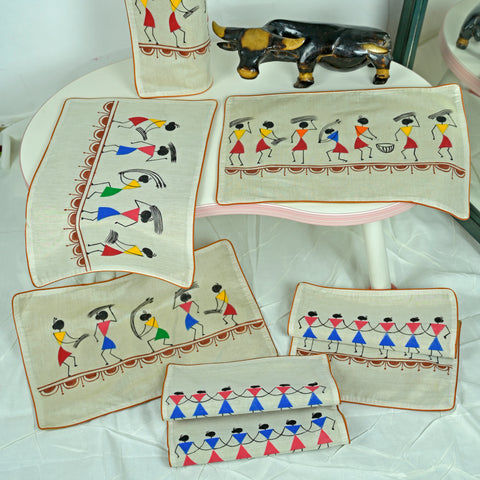 Madhubani Handpainted Chanderi Table Runner & Table Mats Set