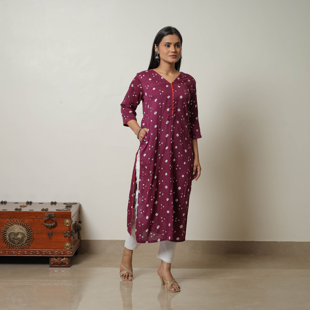 Dark Purple - Tie & dye Cotton Straight Bandhani Kurta 06