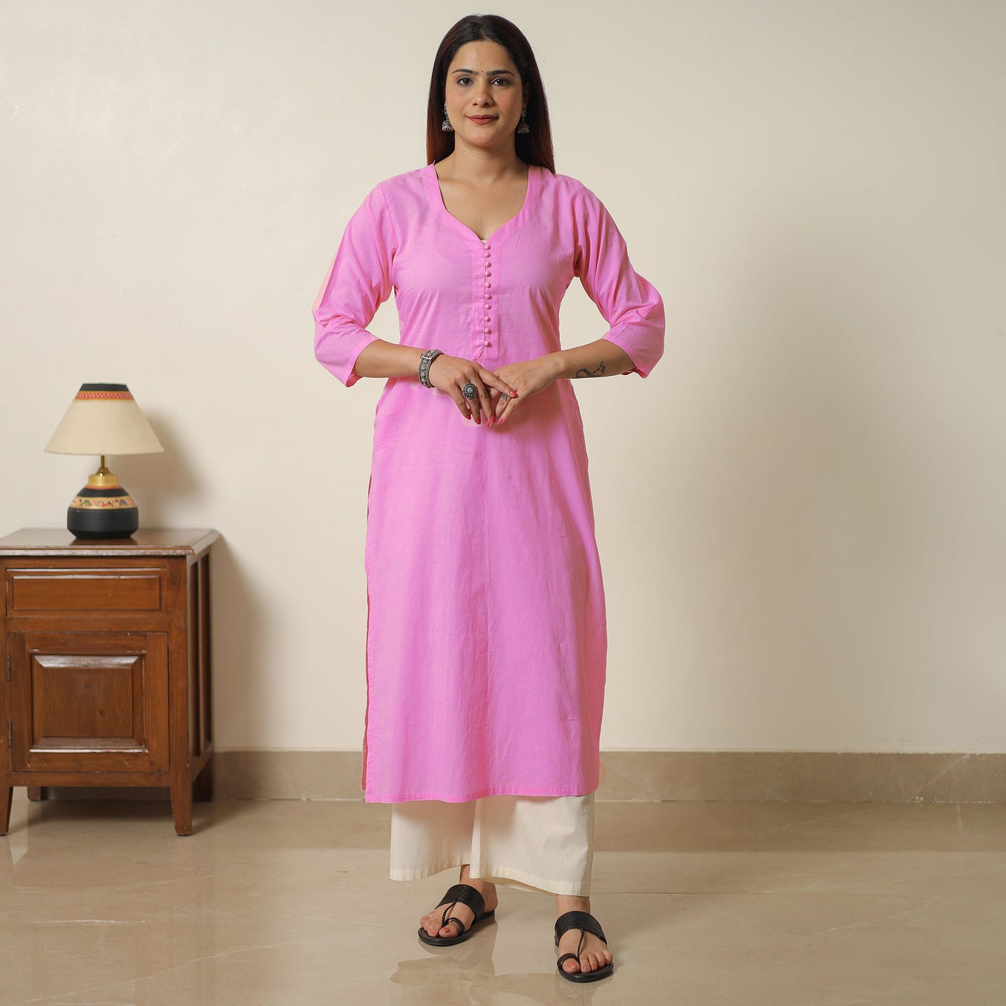 Pink - Plain Flex Cotton A-Line Kurta 04