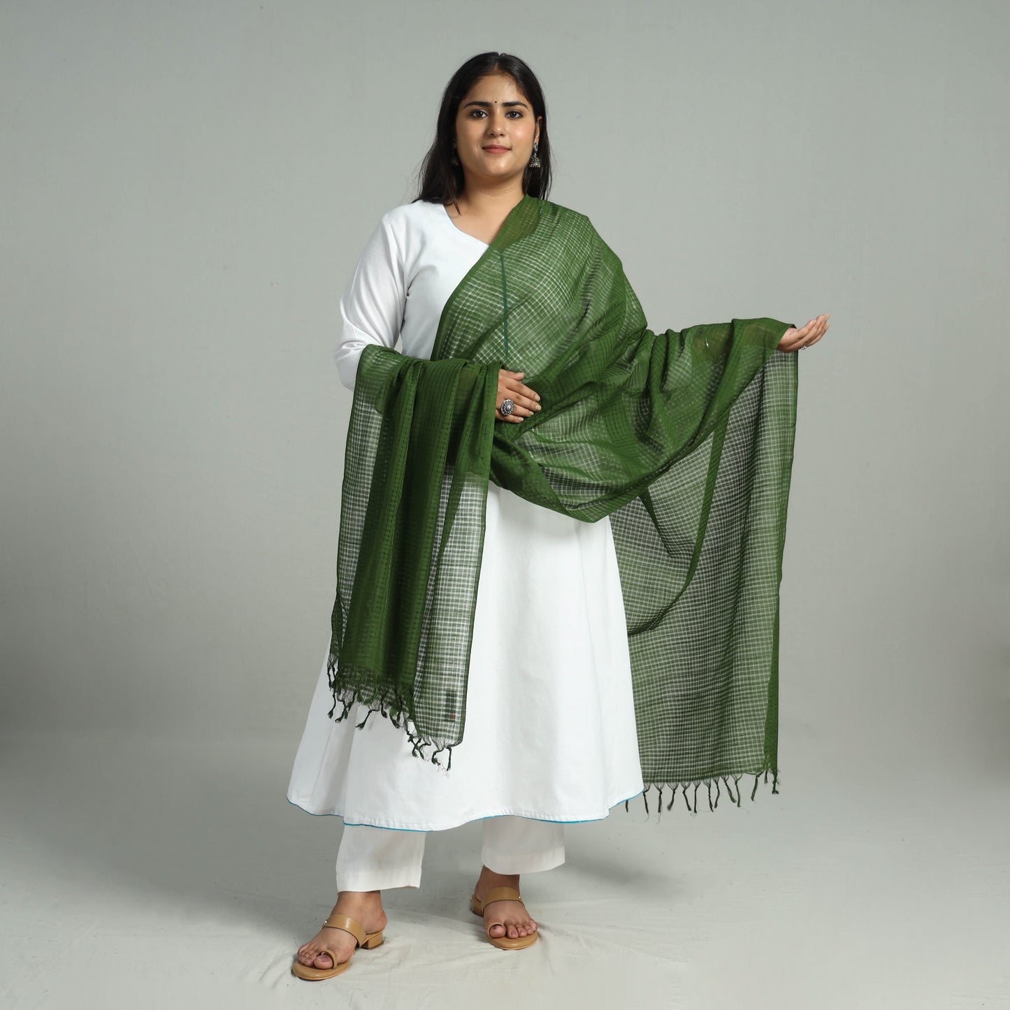 Green - Handloom Missing Checks Cotton Mangalagiri Dupatta 08