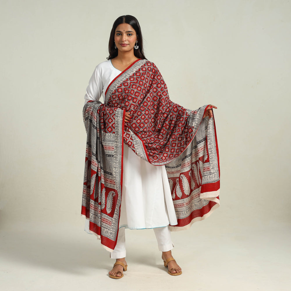 Red - Hand Block Print Cotton Bagh Dupatta 02