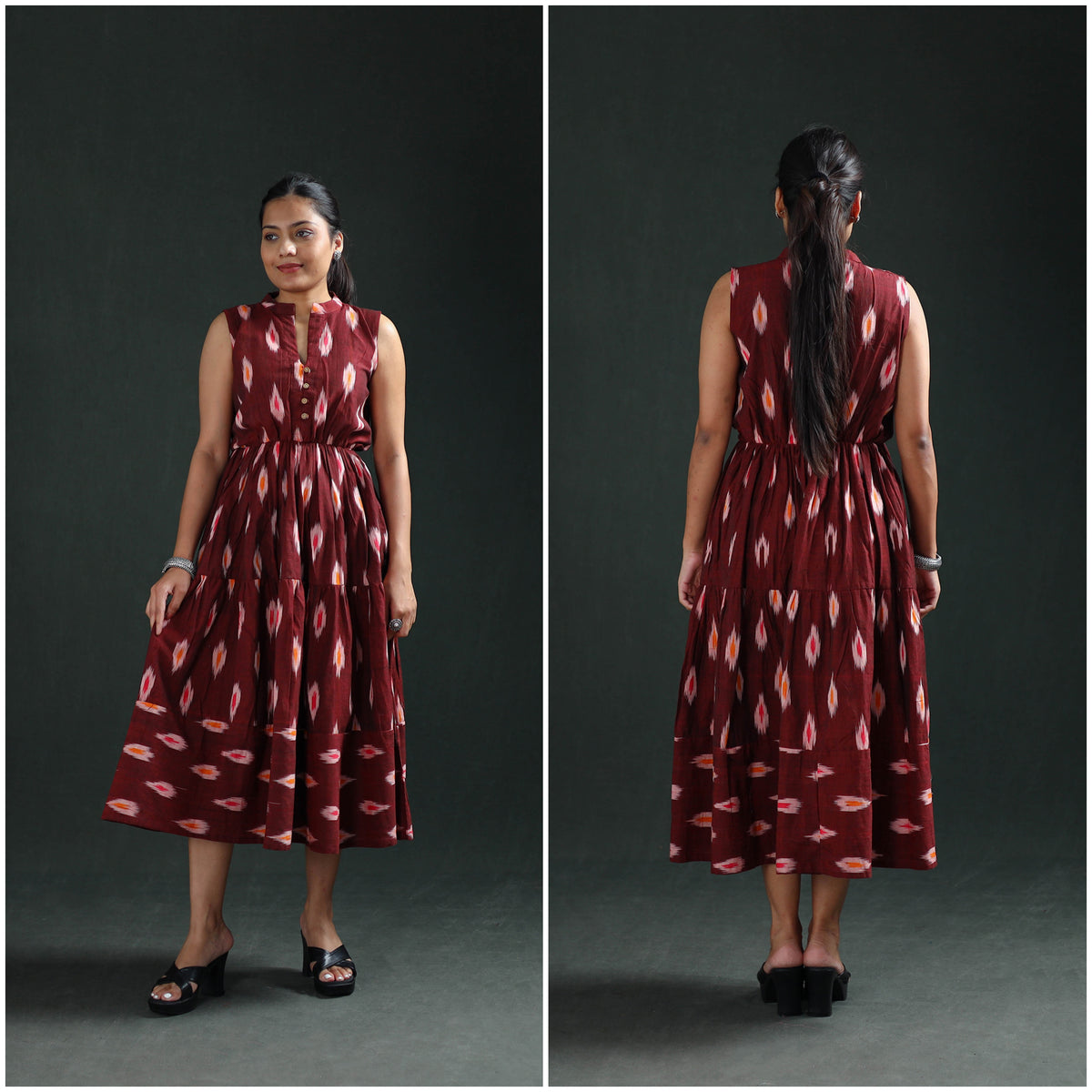 Pochampally Ikat Cotton Sleeveless Tiered Long Dress for Women 08