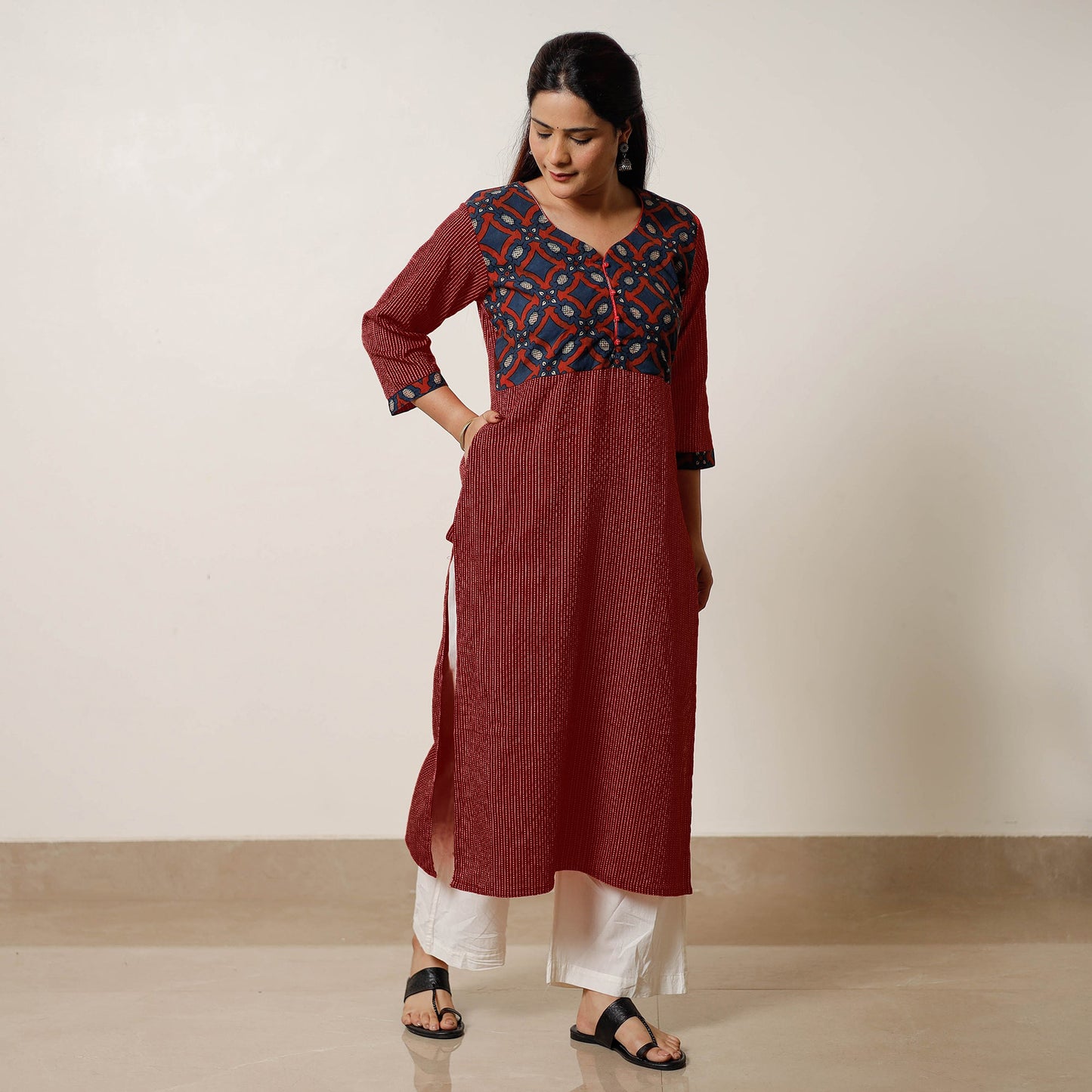 Red - Running Stitch Cotton Straight Kurta with Ajrakh Patchwork 13