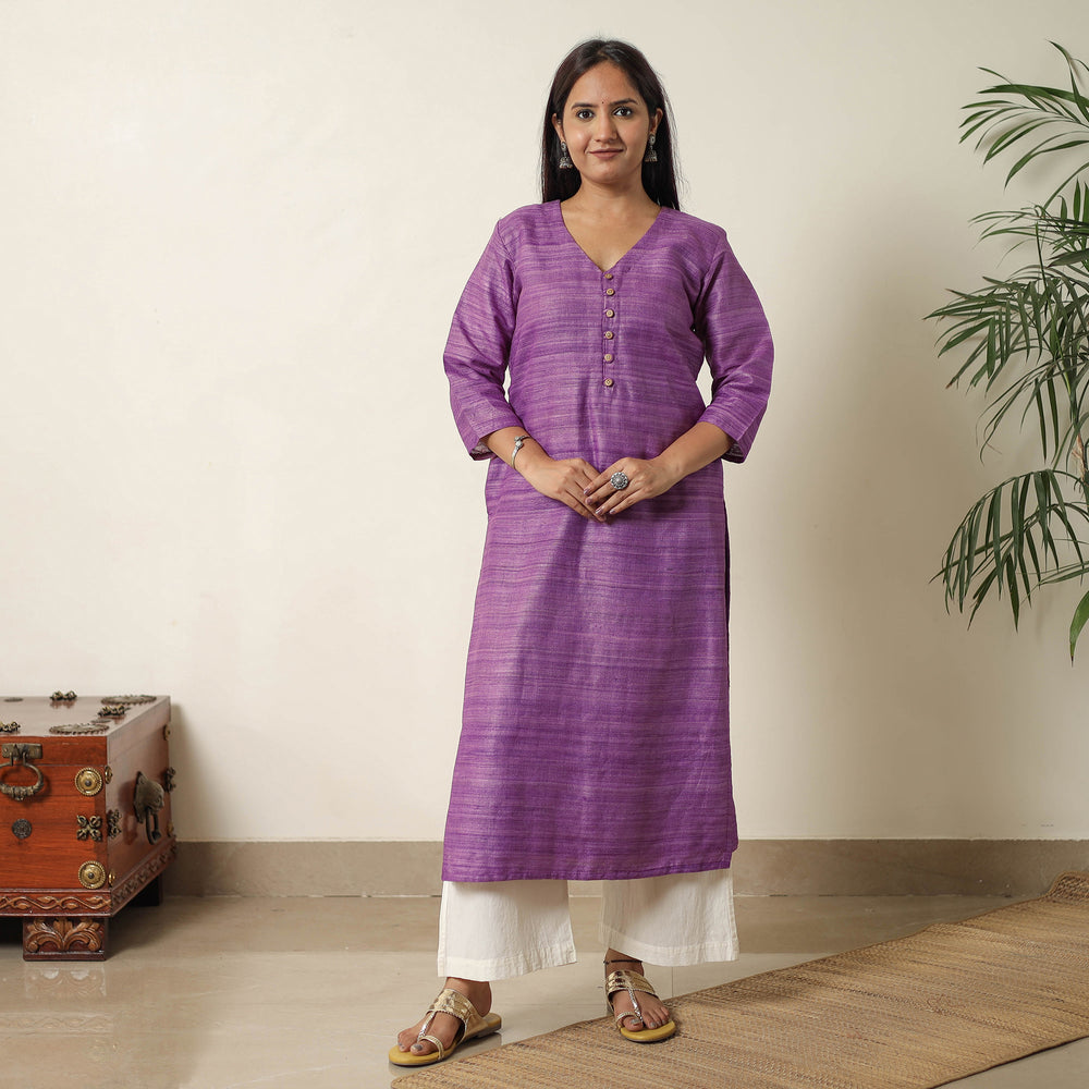 Purple - Bhagalpuri Handwoven Desi Tussar Silk Straight Kurta 05