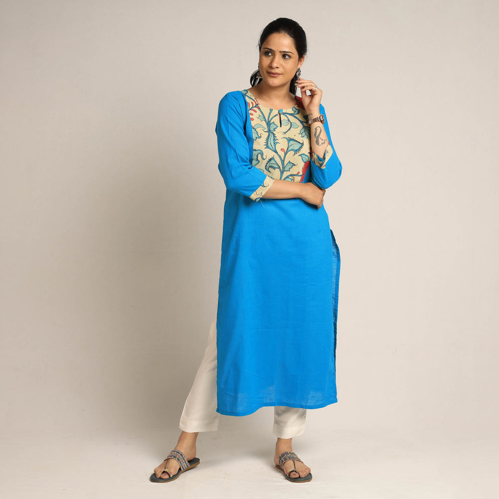 Deep Sky Blue - Srikalahasti Kalamkari Patchwork Plain Cotton Long Straight Kurta