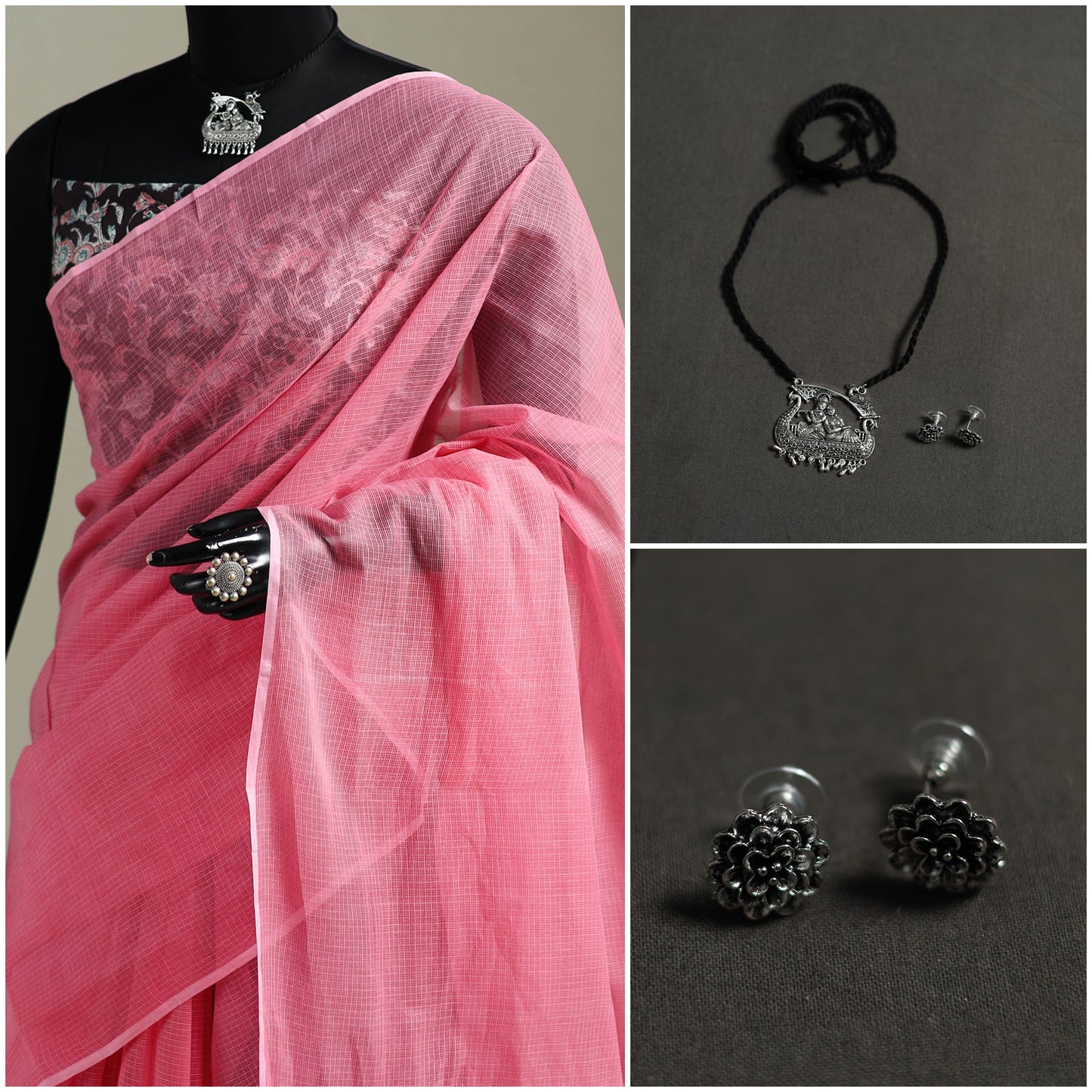 Pink - Nazaakat Kota Doria Cotton Plain Saree with Blouse & Jewellery Set 122