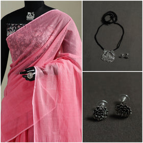 Pink - Nazaakat Kota Doria Cotton Plain Saree with Blouse & Jewellery Set 122