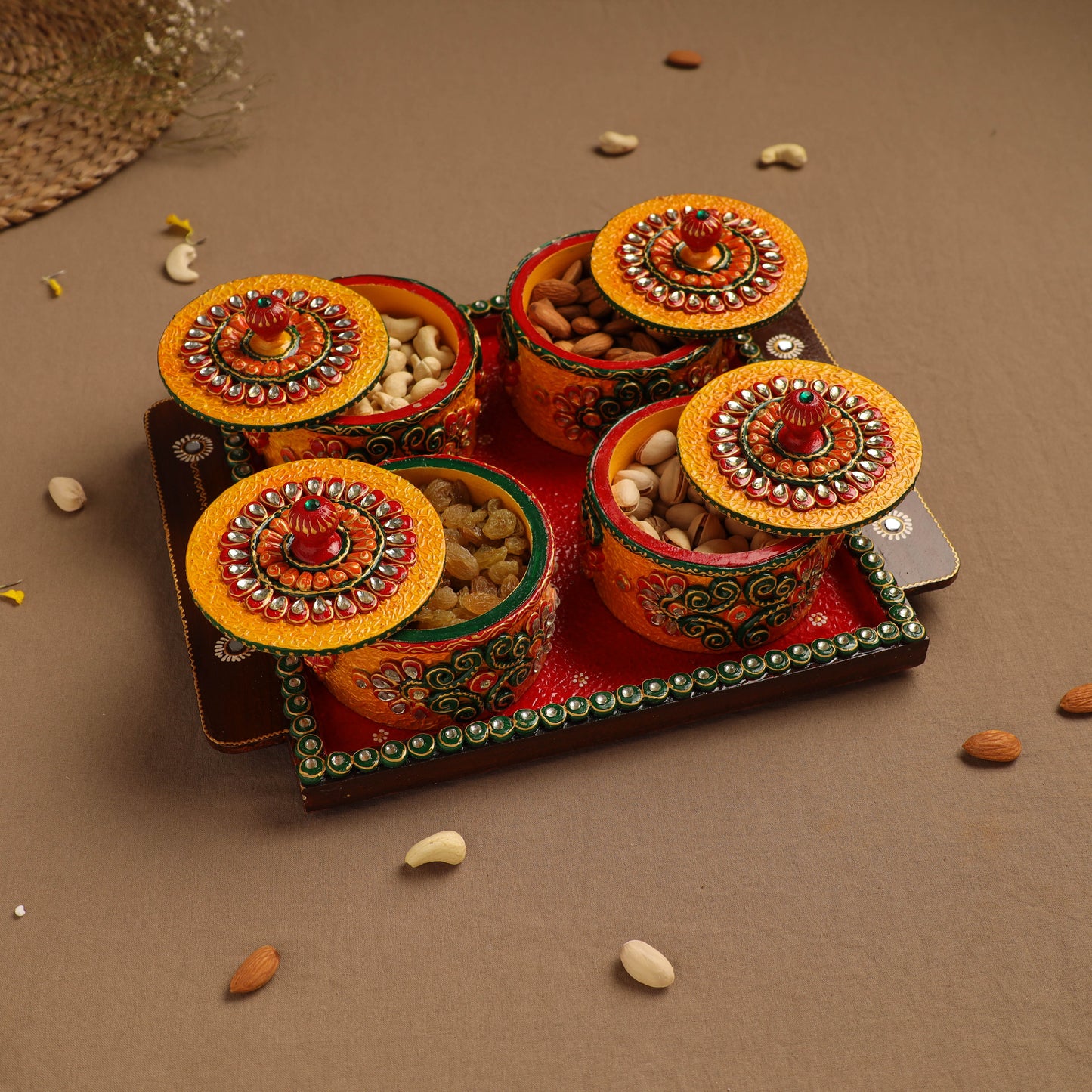 Diwali Decor Handpainted Wooden Dry Fruit Tray with 4 Bowls