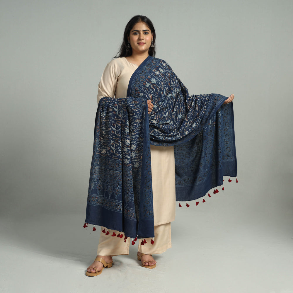 Blue - Block Printed Cotton Ajrakh Dupatta with Tassels 03