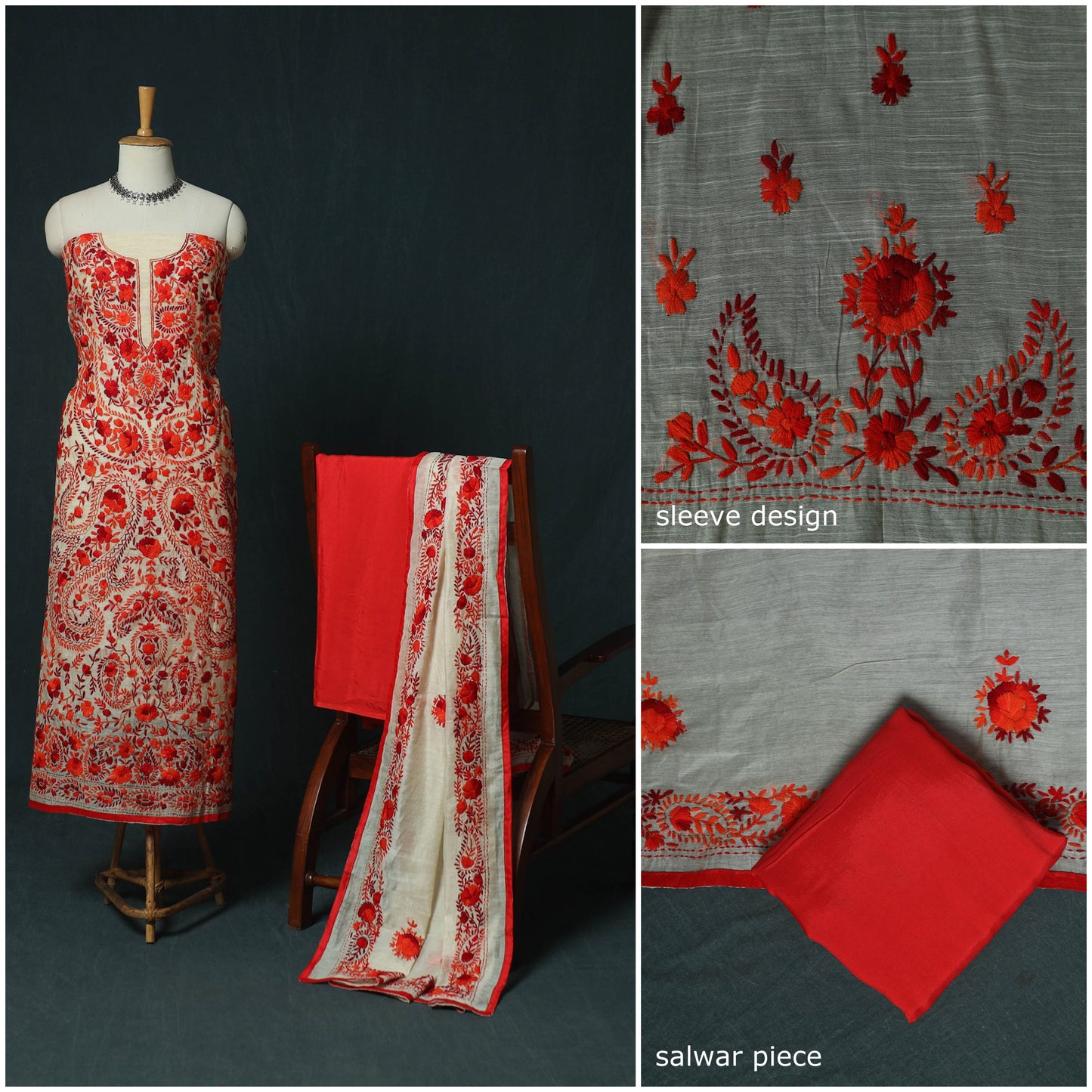 Hand Embroidered Chanderi Silk 3pc Unstitched Dress Material 29