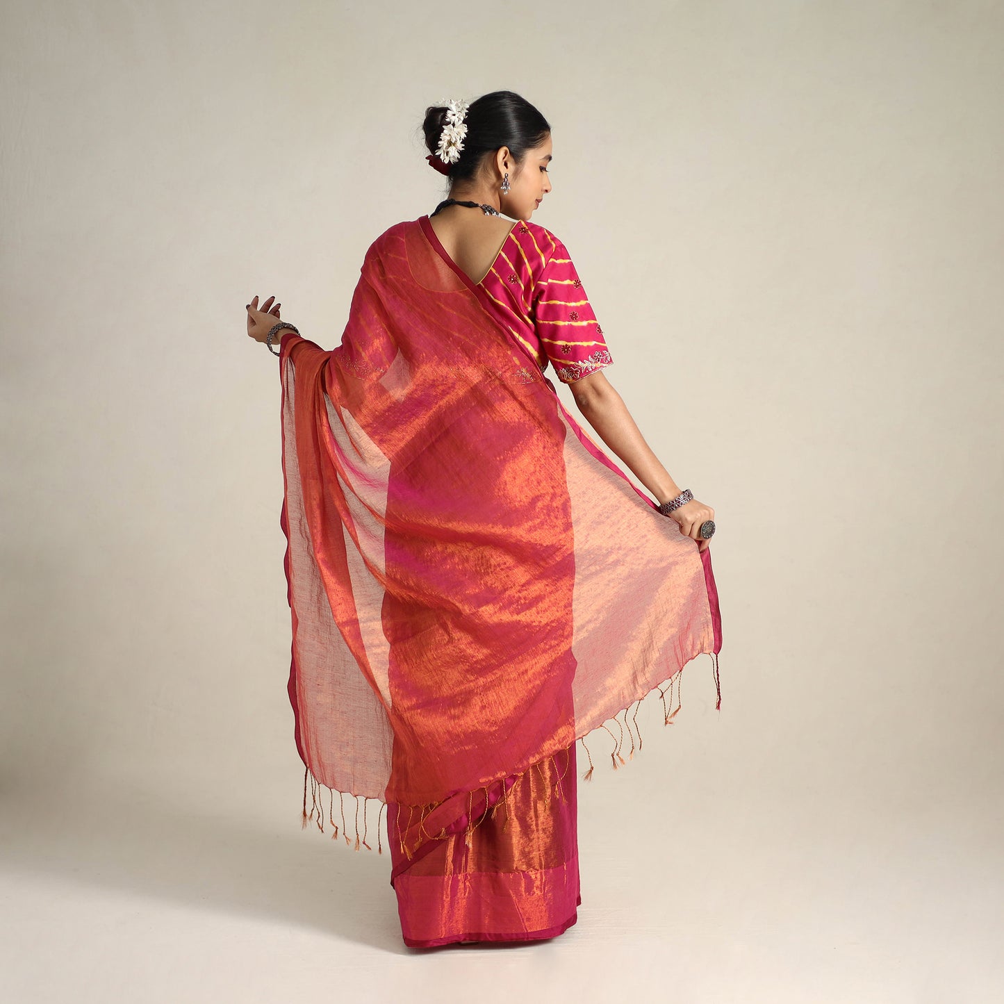 Red - Fine Tissue Zari Bengal Saree with Embroidered Blouse 04