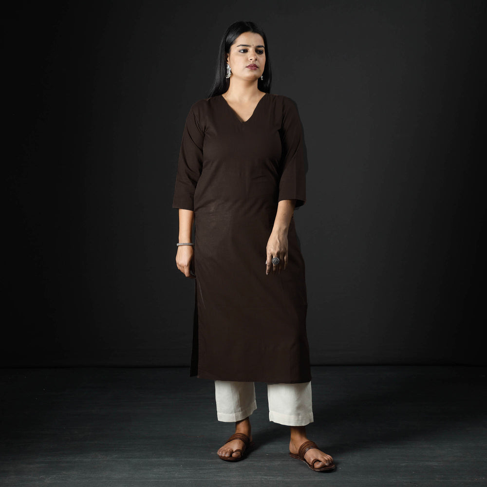 Dark Brown Plain Cotton Long Kurta