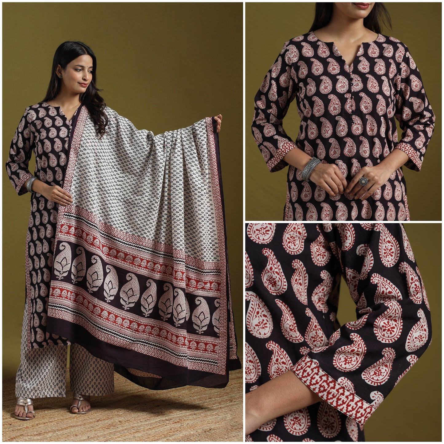 Natural Dyed Hand Block Bagh Print Cotton Suit Set with Dupatta for Women 12