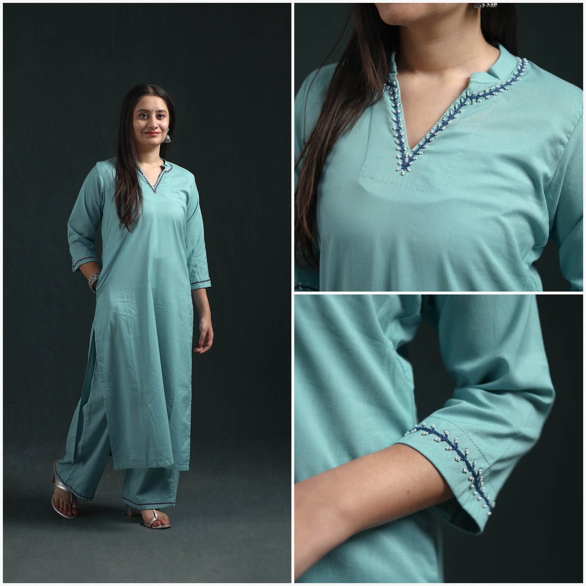 Blue - plain banana fiber soft cotton bead work straight kurta with palazzo set for women