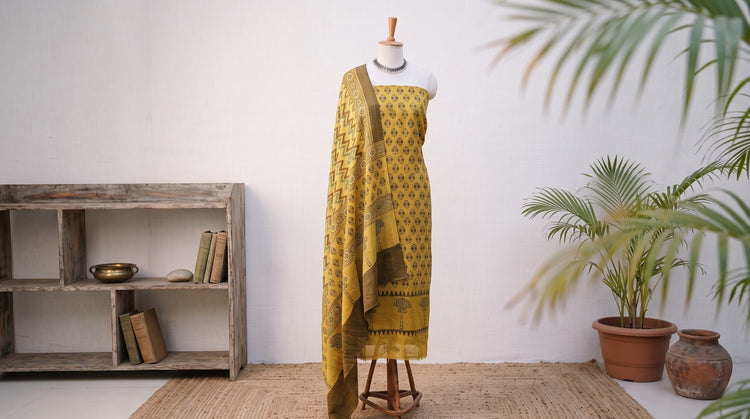 Woolen Ajrakh Hand Block Print Unstitched Dress Material Sets by Salik A. Jabbar Khatri