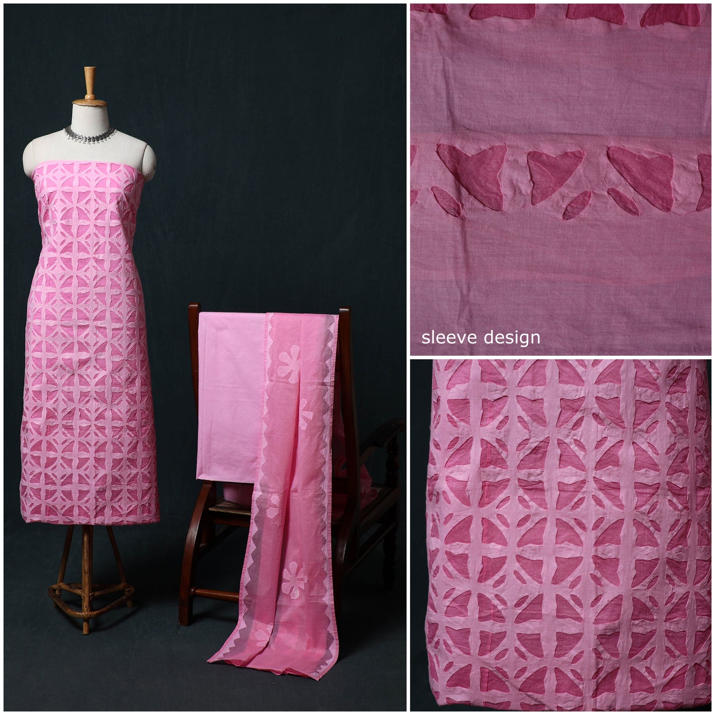 Pink - Barmer Applique Cutwork Cotton 3pc Unstitched Dress Material Suit Set 02