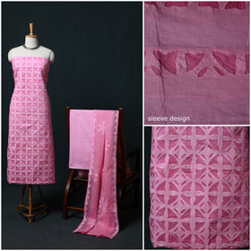 Pink - Barmer Applique Cutwork Cotton 3pc Unstitched Dress Material Suit Set 02
