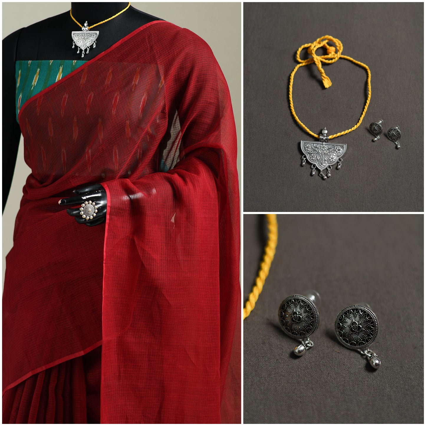 Red - Nazaakat Kota Doria Cotton Plain Saree with Blouse & Jewellery Set 95