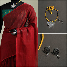 Red - Nazaakat Kota Doria Cotton Plain Saree with Blouse & Jewellery Set 95