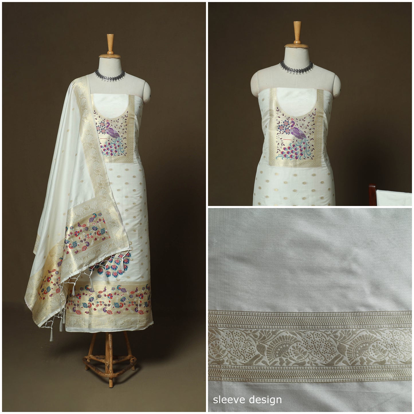 White - Bangalore Silk Paithani Weave 3pc Unstitched Dress Material Suit Set 02