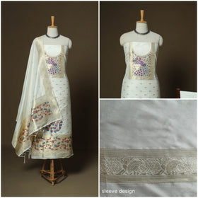 White - Bangalore Silk Paithani Weave 3pc Unstitched Dress Material Suit Set 02