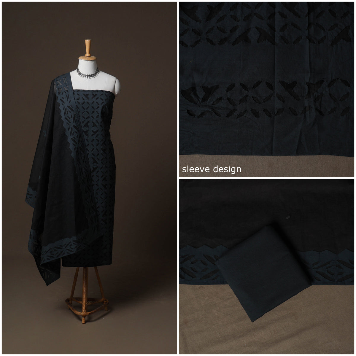 Applique Cutwork Cotton Unstitched Dress Material: Kurta, Bottom & Dupatta 02