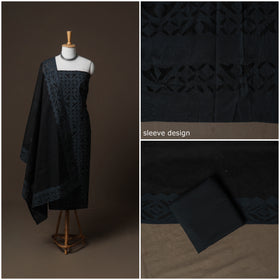 Applique Cutwork Cotton Unstitched Dress Material: Kurta, Bottom & Dupatta 02