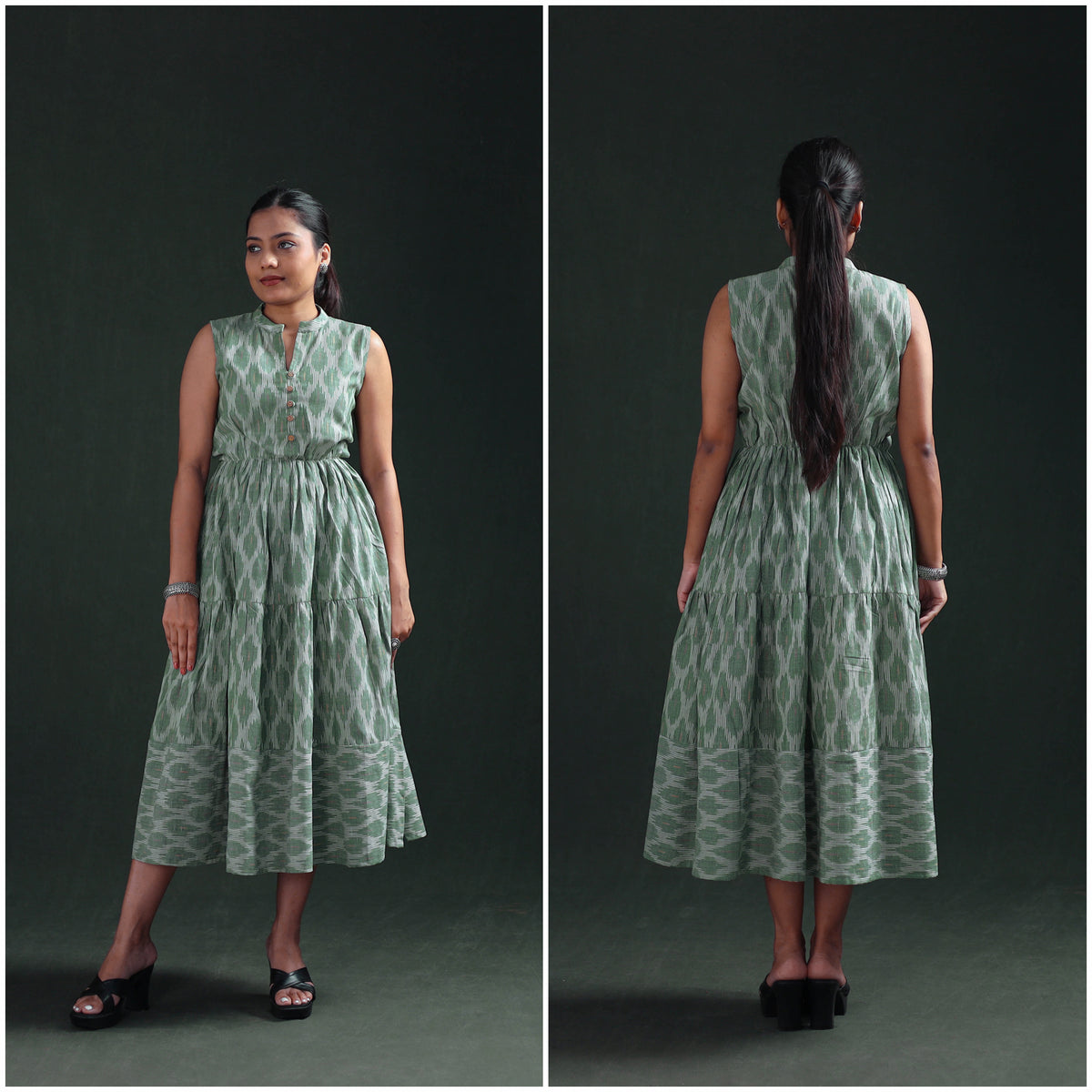 Pochampally Ikat Cotton Sleeveless Tiered Long Dress for Women 10