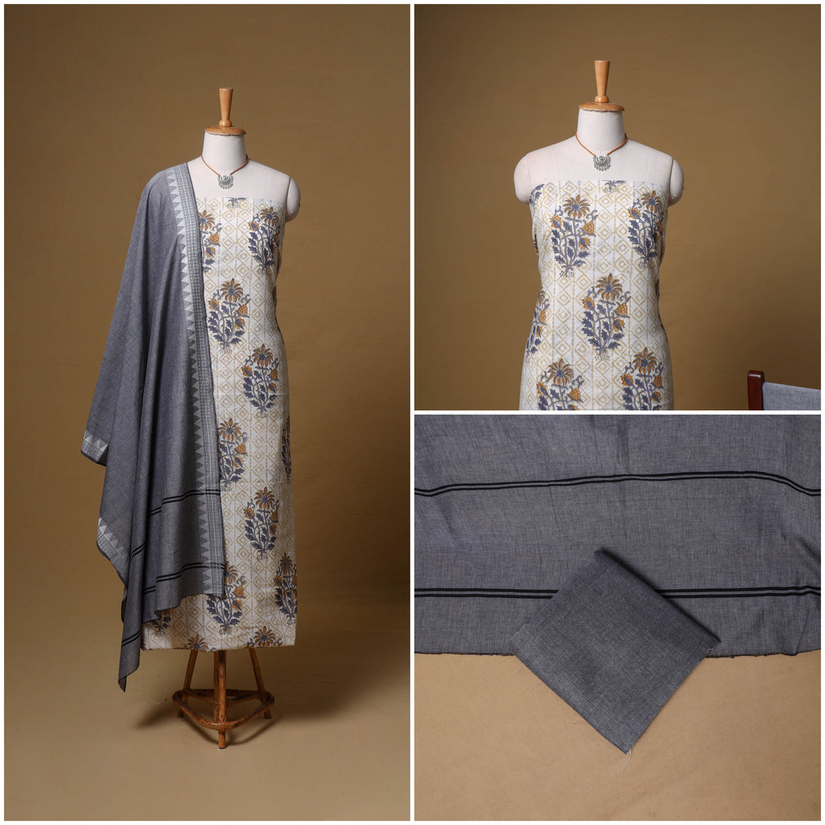 Floral Sanganeri Block Print Cotton Unstitched Dress Material: Kurta, Bottom & Dupatta with Jewellery 01
