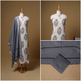 Floral Sanganeri Block Print Cotton Unstitched Dress Material: Kurta, Bottom & Dupatta with Jewellery 01